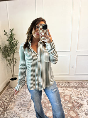 Somewhere With You Striped Button Down Top - Olive