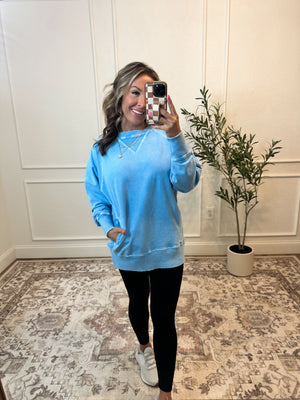 Change Of Plans Acid Wash Pullover - Sky Blue