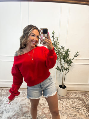 Hear Me Out Boat-Neck Cropped Pullover - Ruby