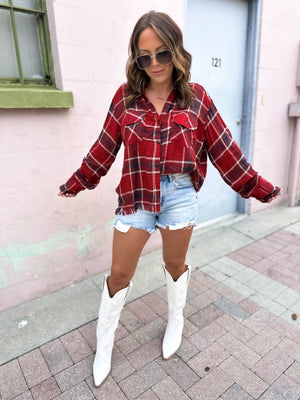 Wasted On You Raw Hem Flannel Top