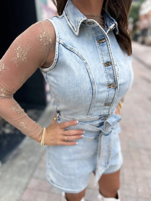 Finding Myself Belted Denim Romper - Light Wash