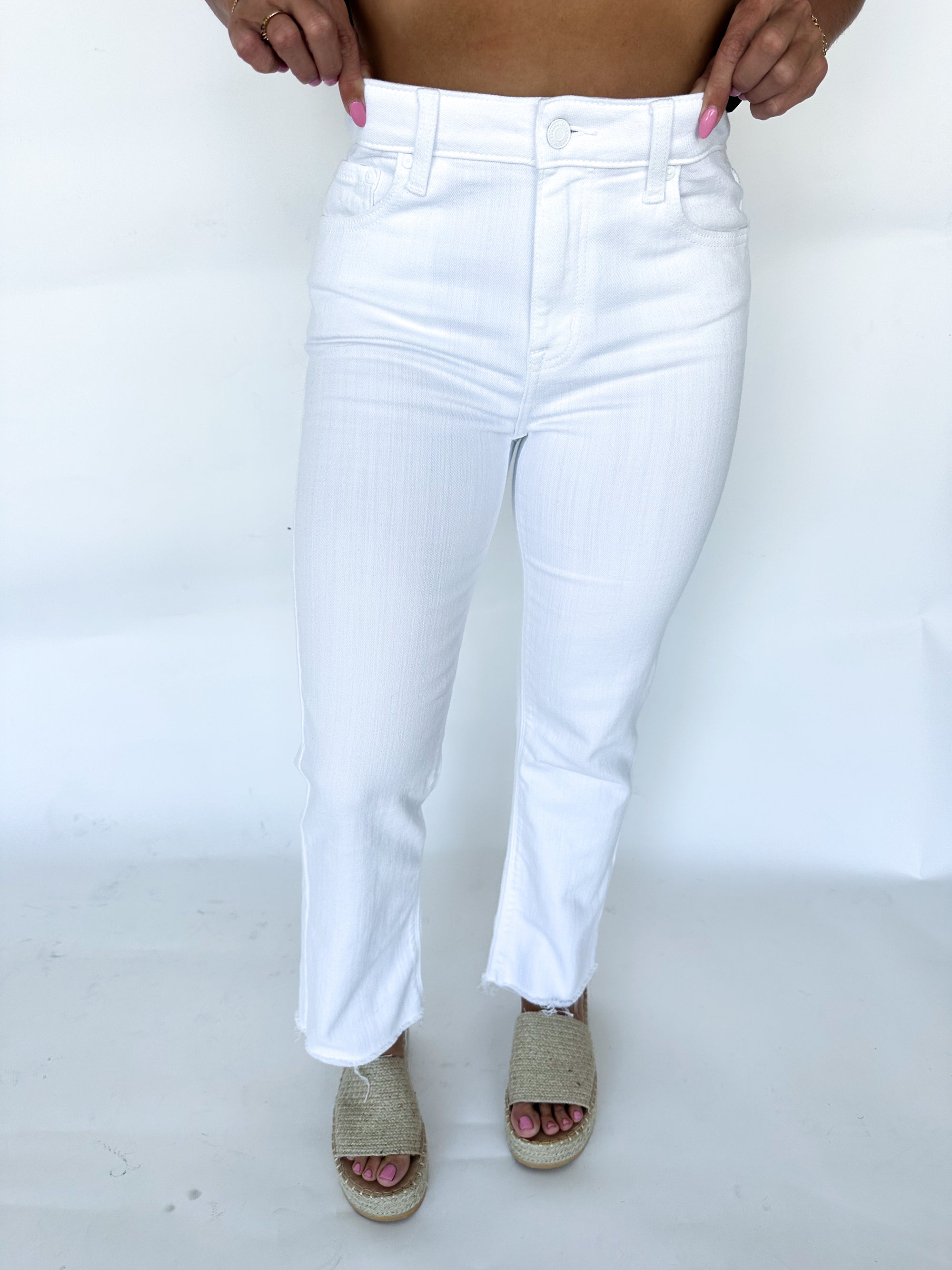 On The Coast High Rise Cropped White Denim Jeans