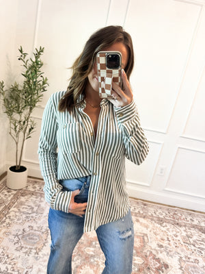 Somewhere With You Striped Button Down Top - Olive