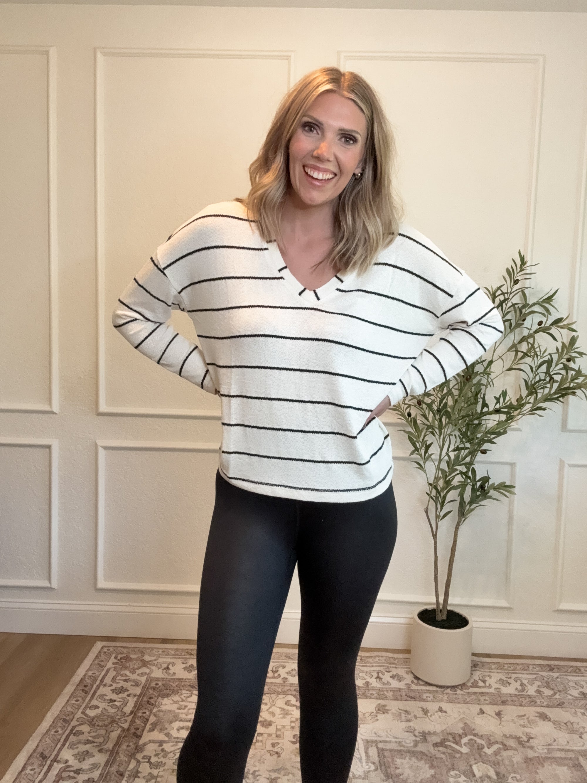 Want You To Stay Striped V Neck Top - Ivory