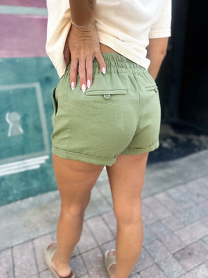 Meant To Be Cuffed Linen Shorts - Olive