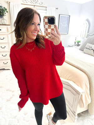 First To Know Waffle Knit Sweater - Red