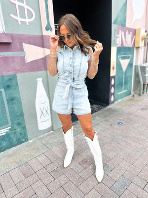 Finding Myself Belted Denim Romper - Light Wash