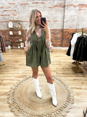 Southern Belle Pleated Denim Romper - Olive