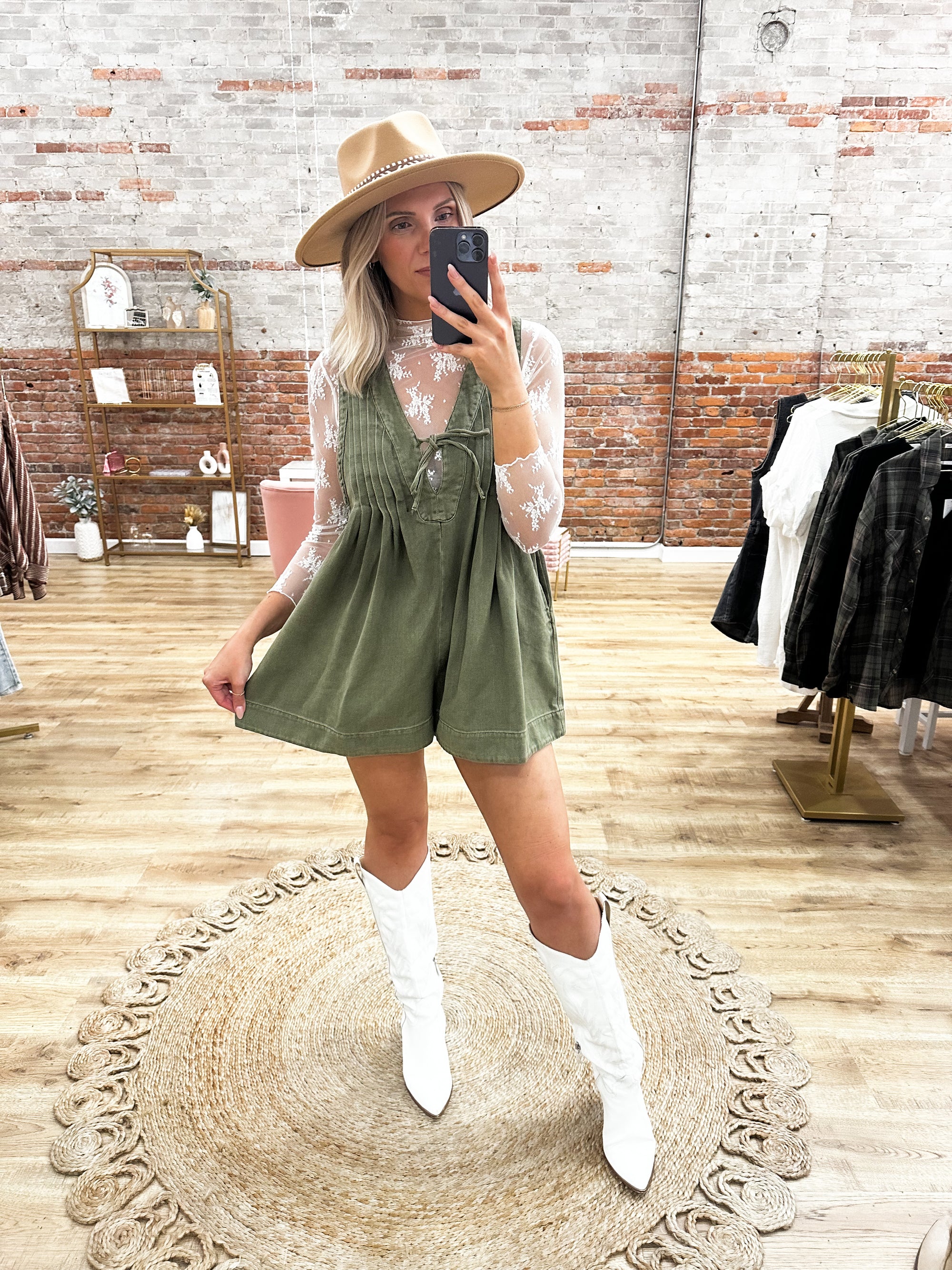 Southern Belle Pleated Denim Romper - Olive