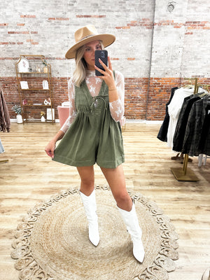 Southern Belle Pleated Denim Romper - Olive