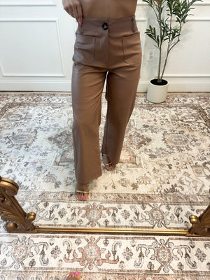 Alicia Mid Rise Pleather Wide Leg Pants - Taupe