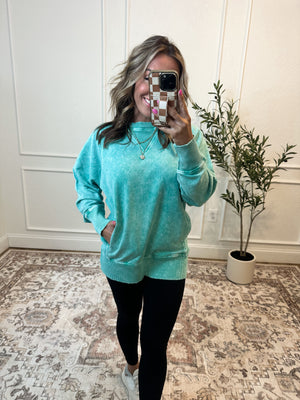 Change Of Plans Acid Wash Pullover - Kelly Green