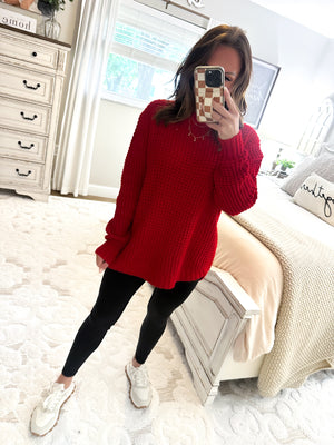 First To Know Waffle Knit Sweater - Red