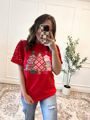 Festive Forest Sequin Top - Red