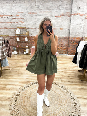 Southern Belle Pleated Denim Romper - Olive