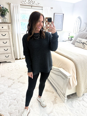 First To Know Waffle Knit Sweater - Charcoal