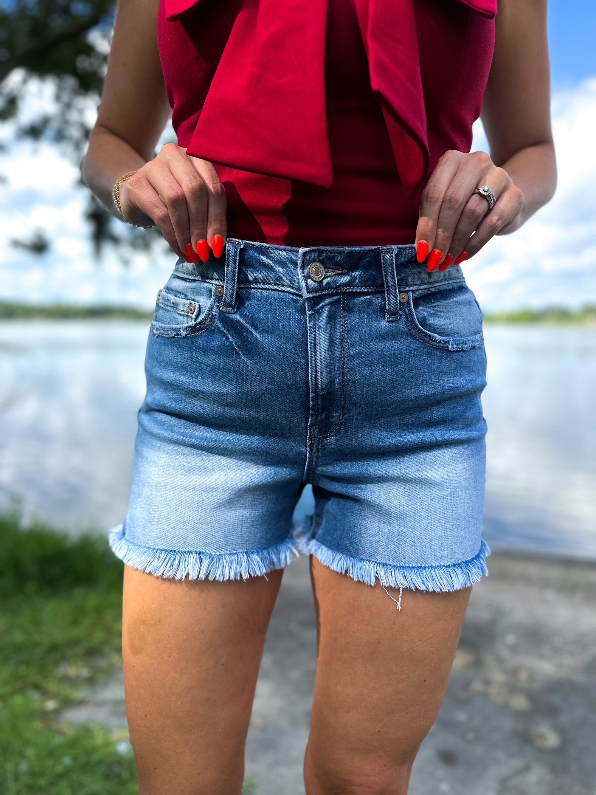 Someday Maybe Midrise Raw Frayed Hem Denim Shorts