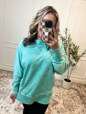 Change Of Plans Acid Wash Pullover - Kelly Green