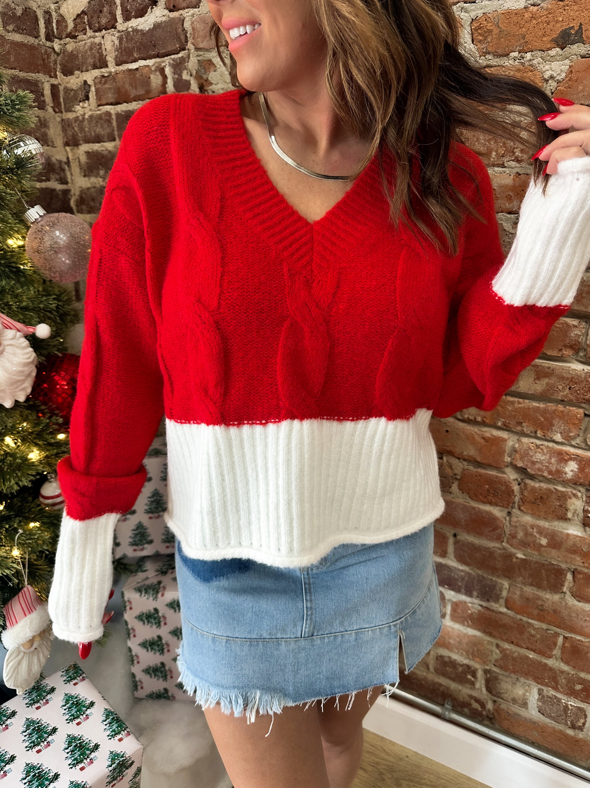 Made For More Cropped Sweater - Red/Ivory