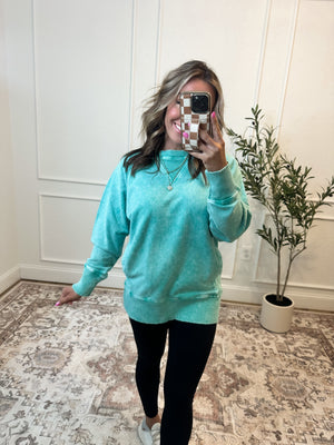 Change Of Plans Acid Wash Pullover - Kelly Green