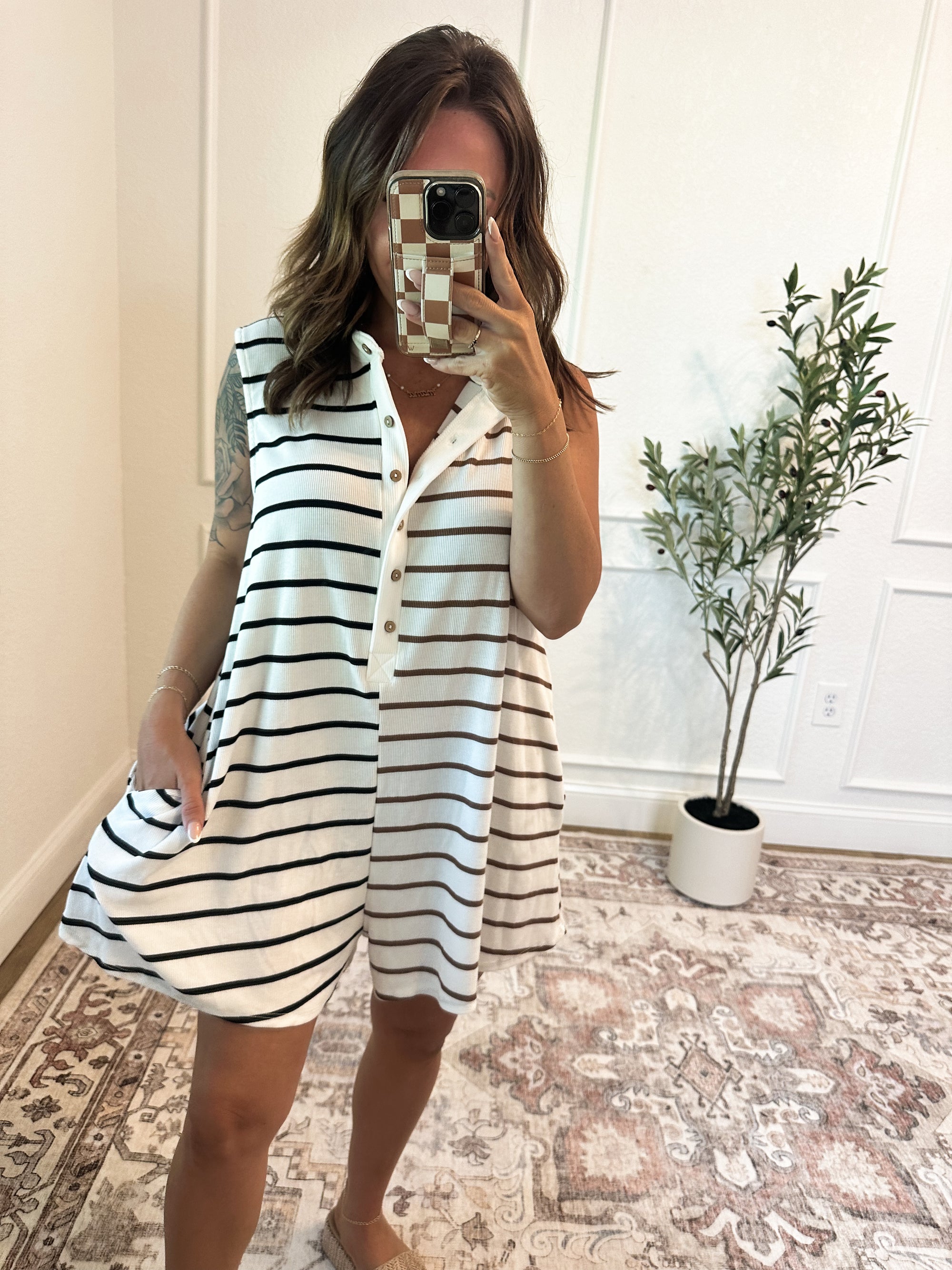 Free Feeling Striped Button Up Romper - Toffee/Black