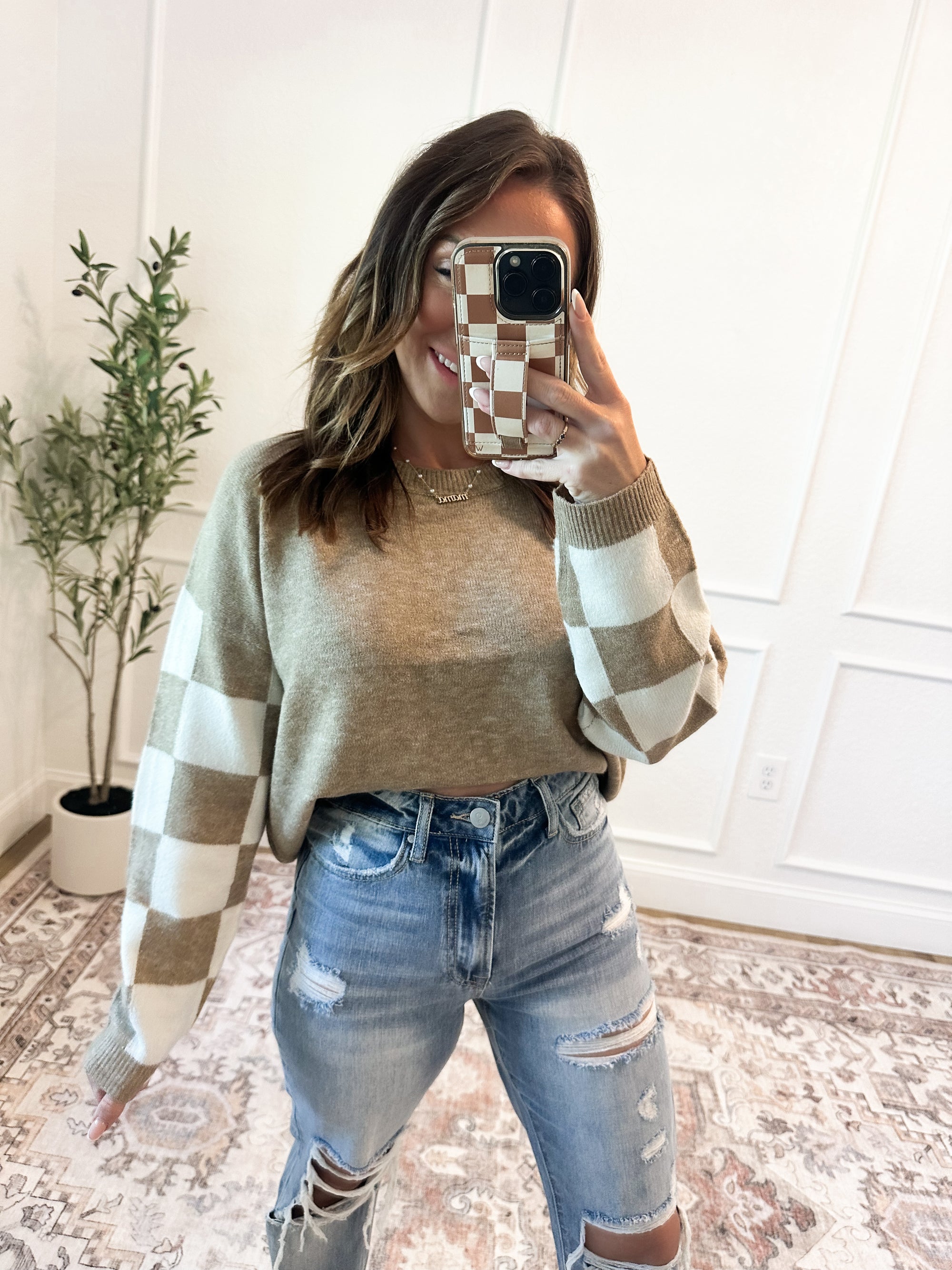 Never Coming Down Checkered Sweater - Taupe