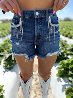 Dakota High Rise Rhinestone Fringe Shorts - Dark