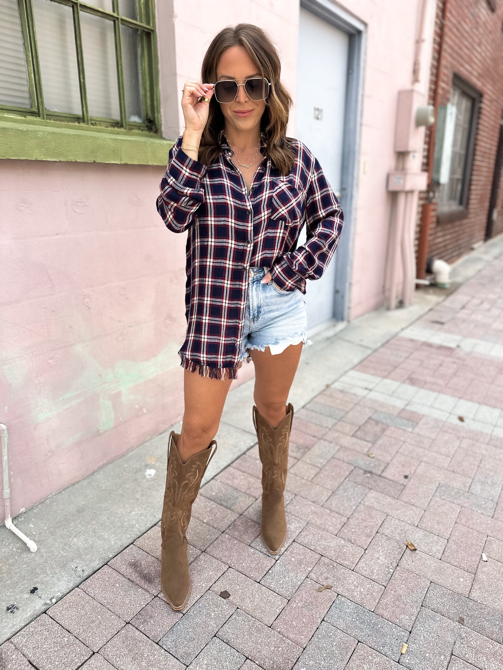 Think It Over Raw Hem Plaid Top