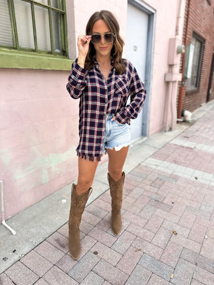 Think It Over Raw Hem Plaid Top