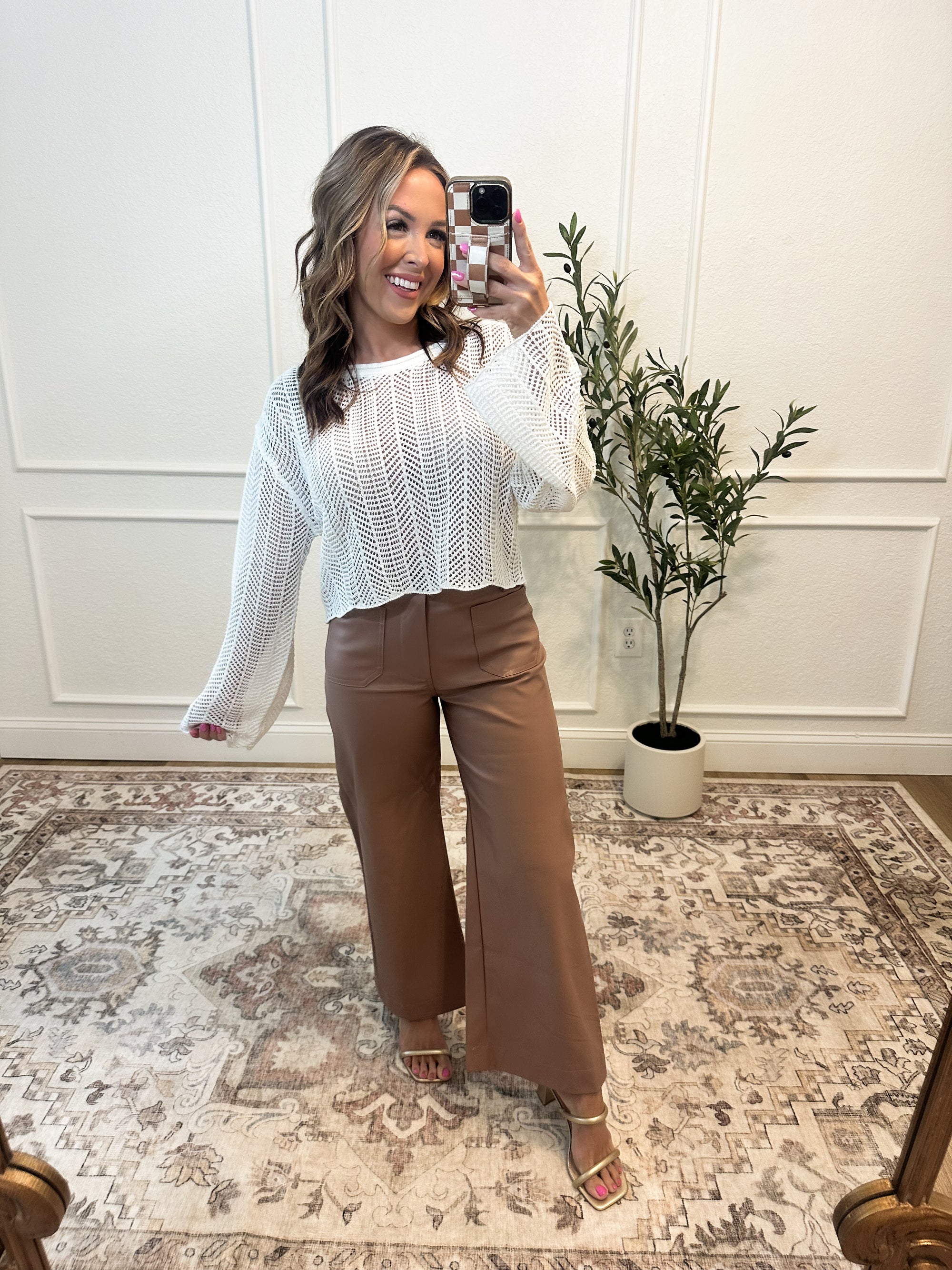 Alicia Mid Rise Pleather Wide Leg Pants - Taupe