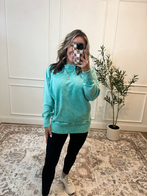 Change Of Plans Acid Wash Pullover - Kelly Green