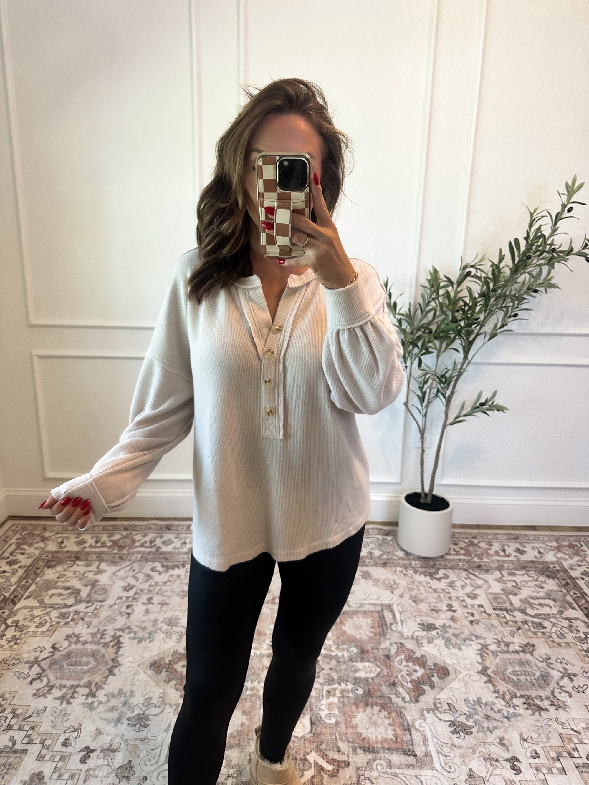 Let's Stick Together V-Neck Henley Top - Ivory