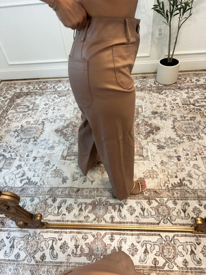 Alicia Mid Rise Pleather Wide Leg Pants - Taupe