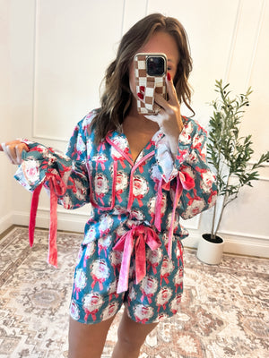 Naughty or Nice Satin Pajama Set - Teal QUICK PREORDER