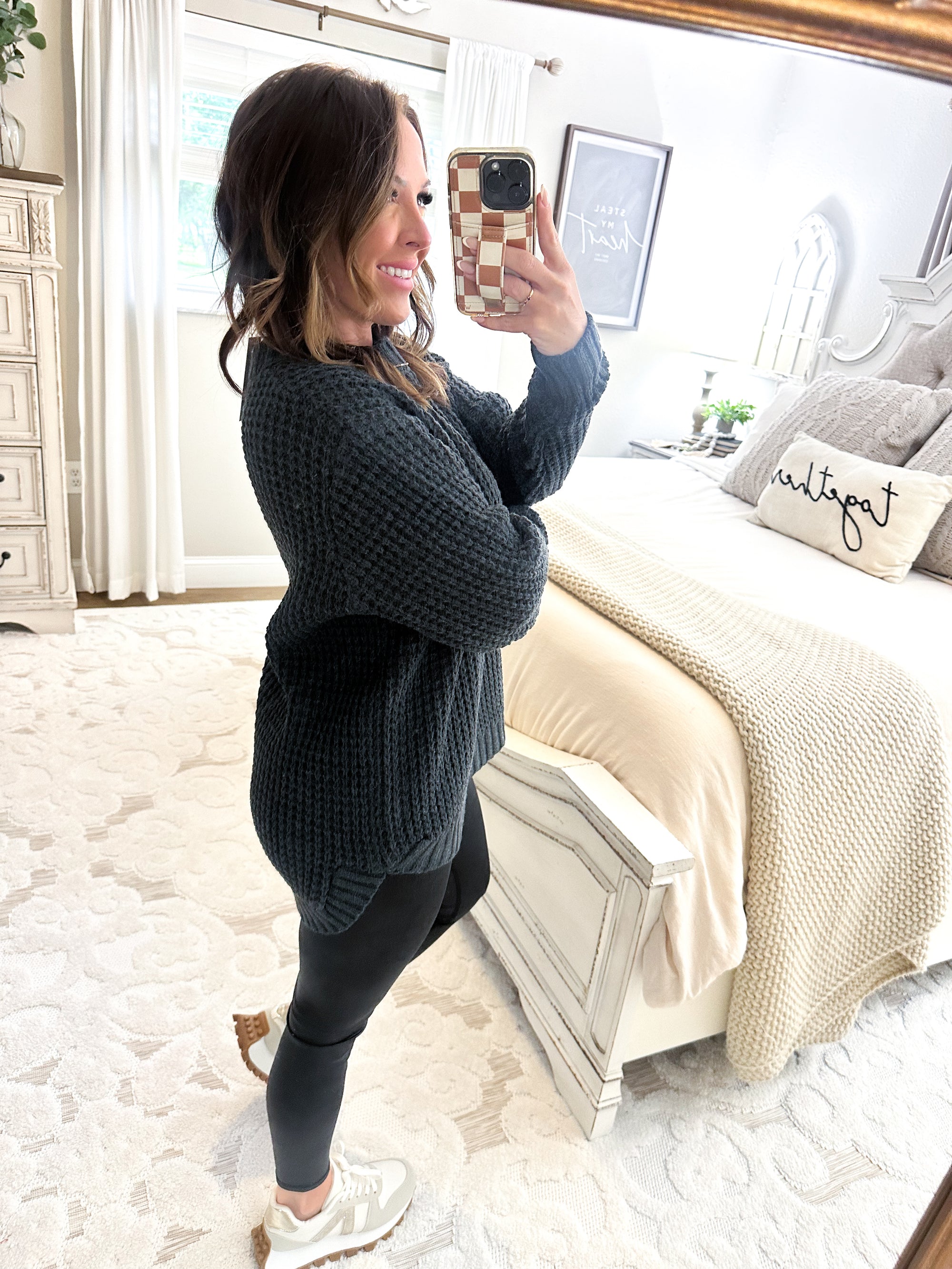 First To Know Waffle Knit Sweater - Charcoal