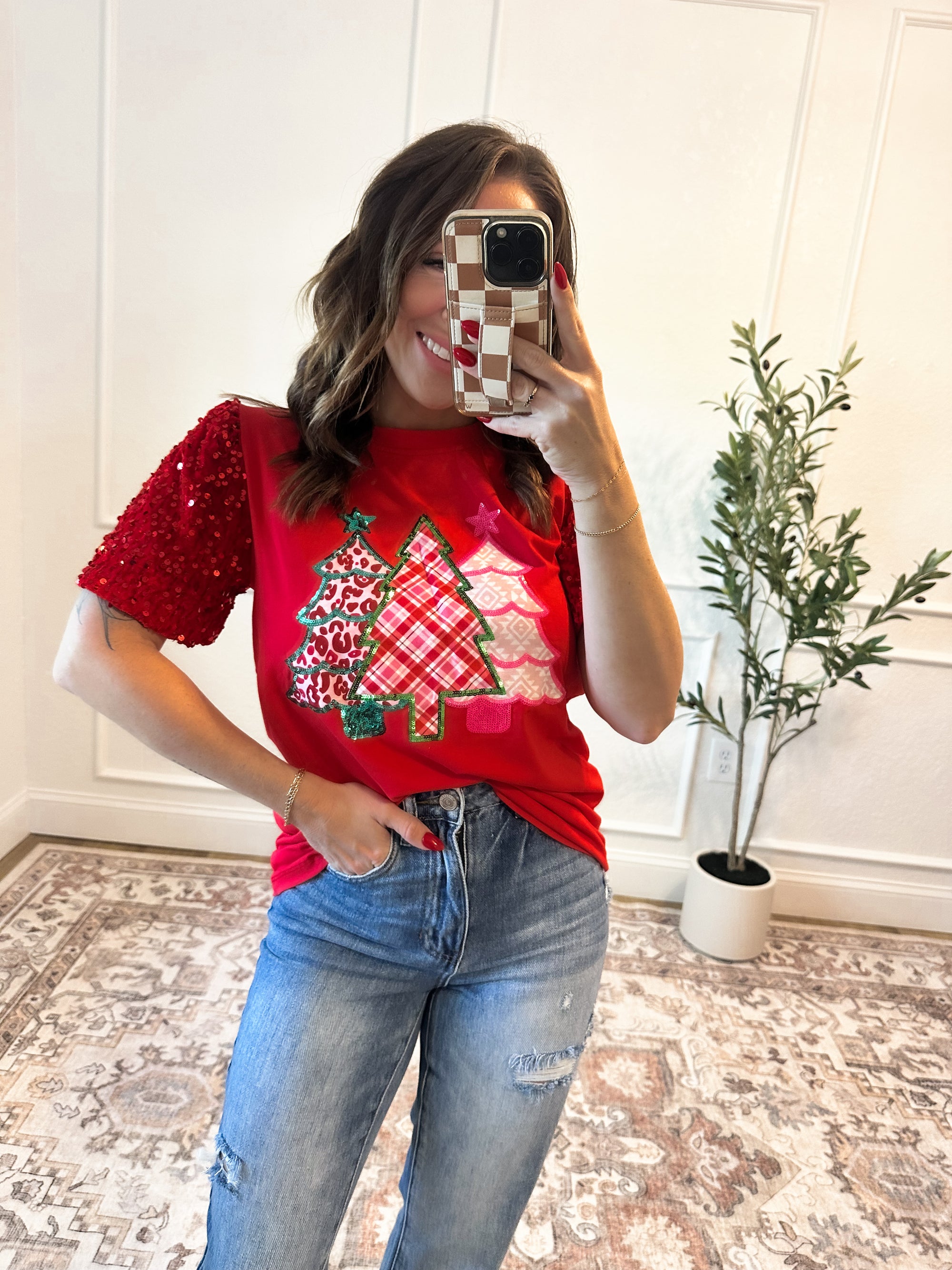 Festive Forest Sequin Top - Red