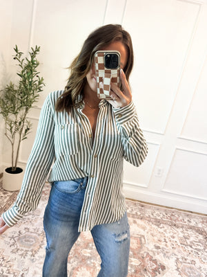 Somewhere With You Striped Button Down Top - Olive