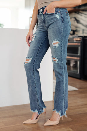 O'Hara Mid Rise Destroyed Straight Jeans in Medium Wash
