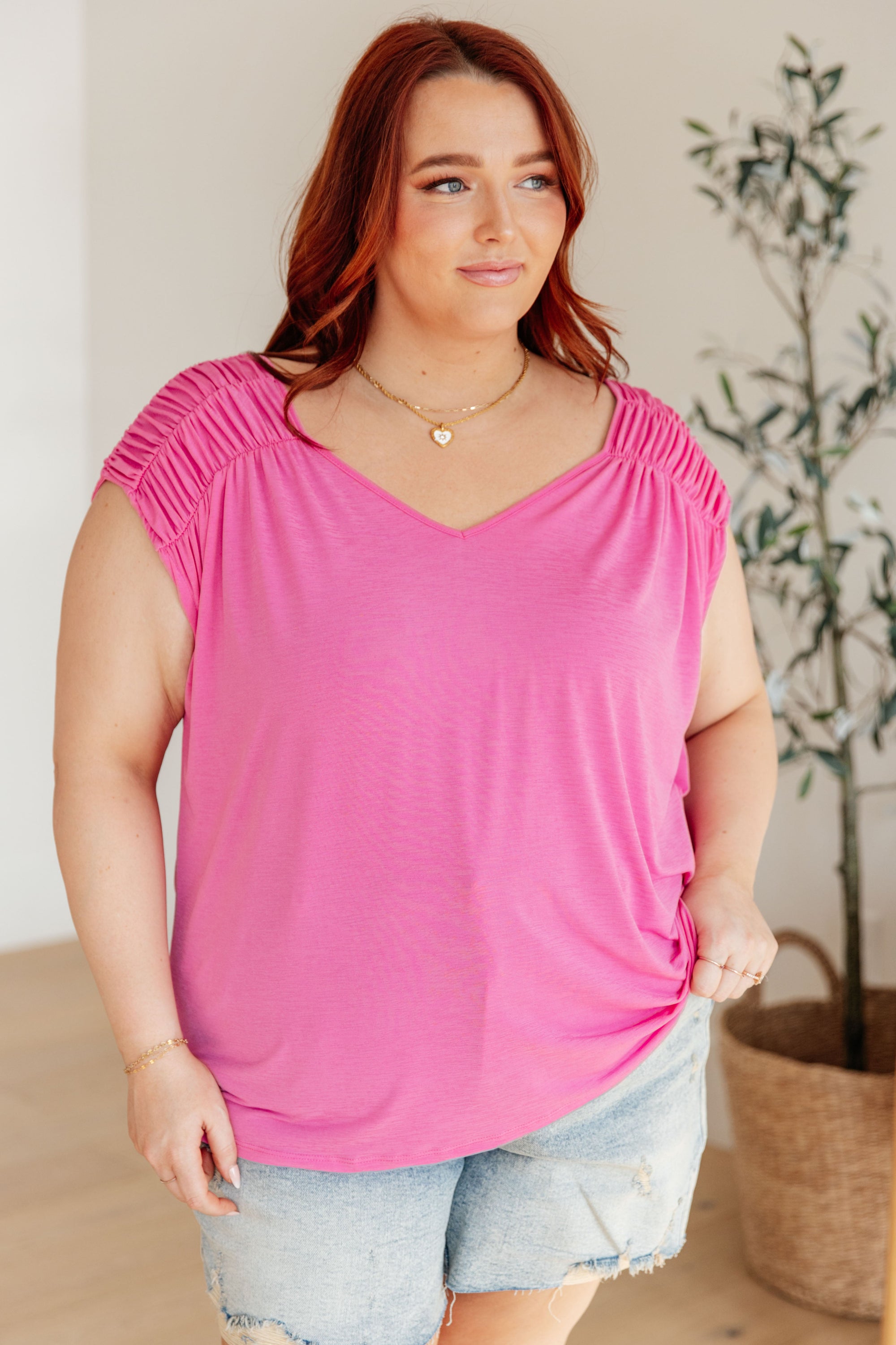 Ruched Cap Sleeve Top in Magenta