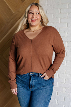 V-Neck Front Seam Sweater in Deep Camel