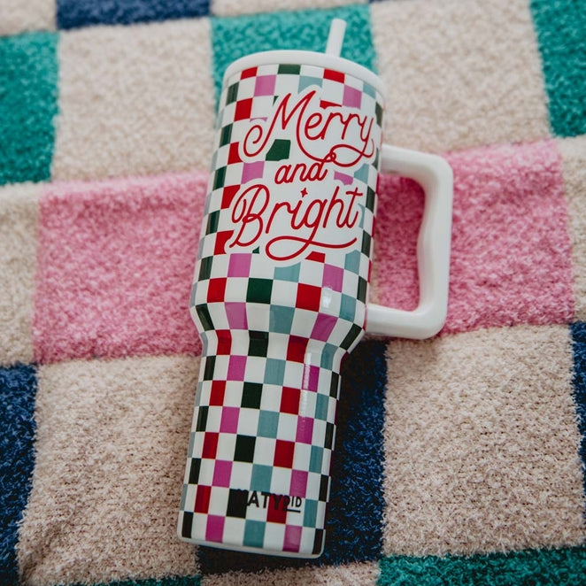 Merry & Bright Checkered Insulated Tumbler Cup w/ Handle