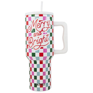 Merry & Bright Checkered Insulated Tumbler Cup w/ Handle